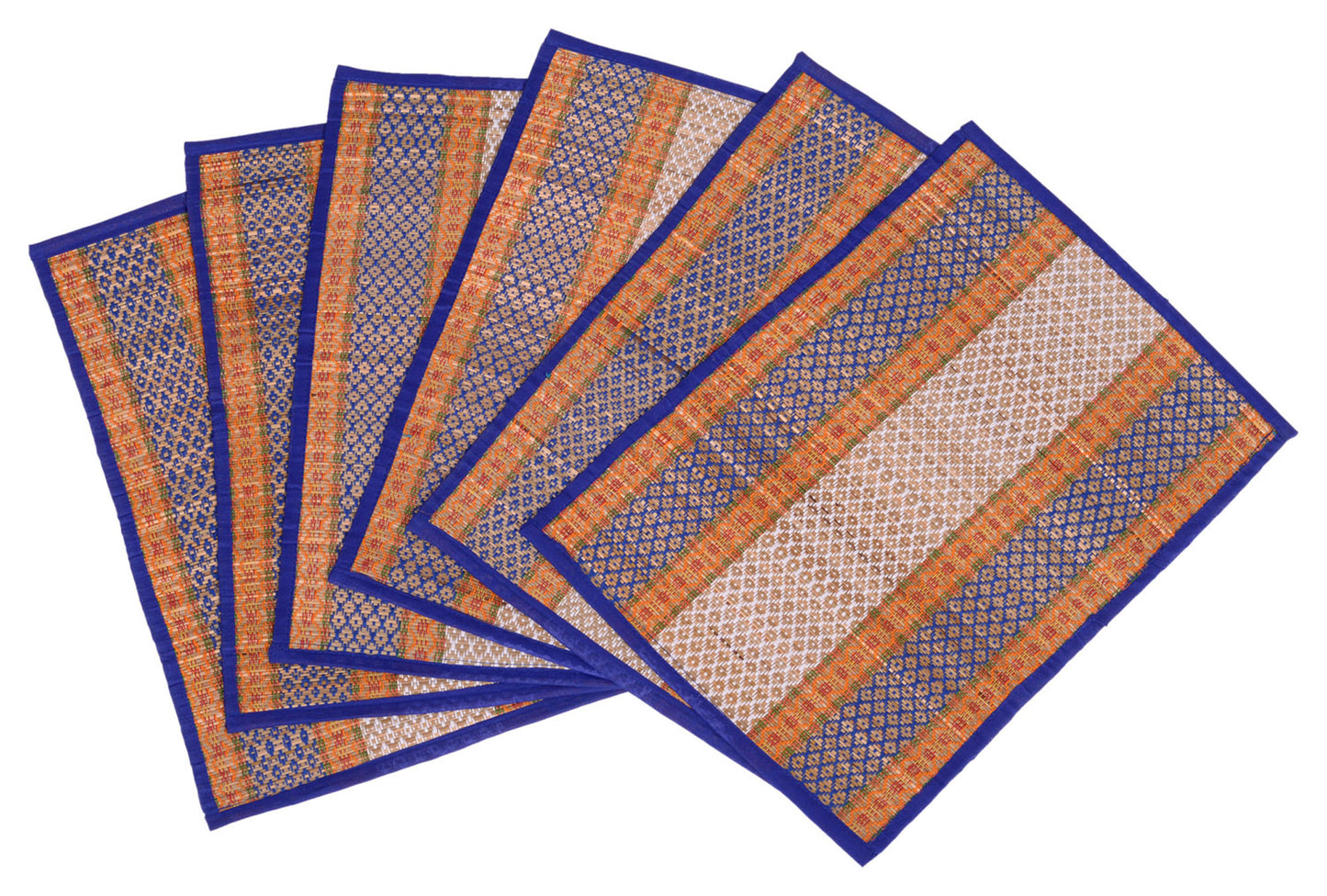 Placemat Set with Runner and Coaster Madurkathi Grass Handwoven Heat Resistant Eco-friendly Tablemats with Blue Fabric Border-T3-31