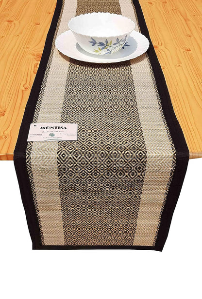 Dining Table Mat Set with Runner and Coaster Madurkathi Grass Handwoven Designer Heat Resistant Eco-friendly Placemat with Black Fabric Border-T3-05