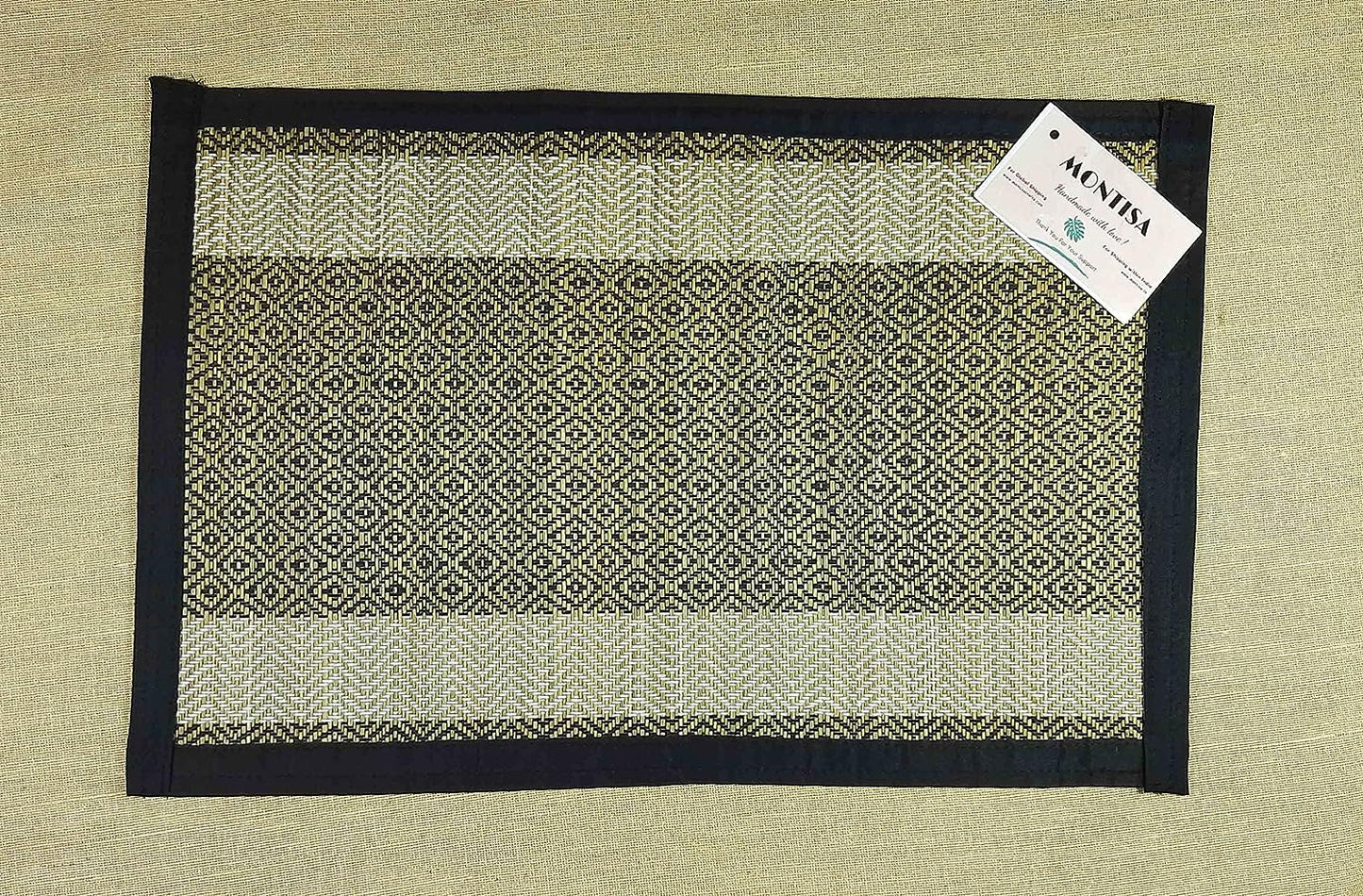Dining Table Mat Set with Runner and Coaster Madurkathi Grass Handwoven Designer Heat Resistant Eco-friendly Placemat with Black Fabric Border-T3-05