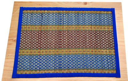 Dining Table Mat Set with Runner and Coaster Madurkathi Grass Handwoven Designer Heat Resistant Eco-friendly Placemat with Blue Fabric Border-T3-02