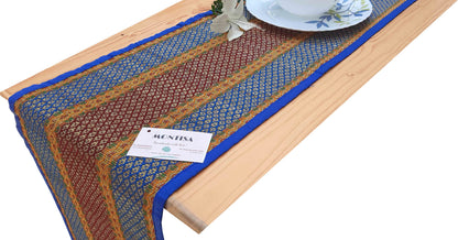 Dining Table Mat Set with Runner and Coaster Madurkathi Grass Handwoven Designer Heat Resistant Eco-friendly Placemat with Blue Fabric Border-T3-02