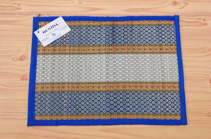 Placemat Set with Runner and Coaster Madurkathi Grass Handwoven Heat Resistant Eco-friendly Tablemats with Blue Fabric Border-T3-31