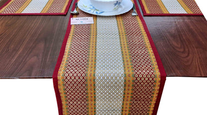 Dining Table Mat Set with Runner and Coaster Madurkathi Grass Handwoven Designer Heat Resistant Eco-friendly Placemat with Maroon Fabric Border-T3-04