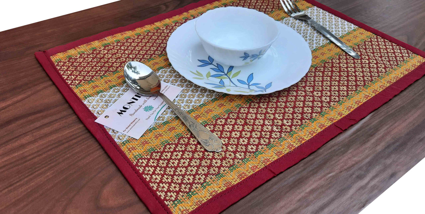 Dining Table Mat Set with Runner and Coaster Madurkathi Grass Handwoven Designer Heat Resistant Eco-friendly Placemat with Maroon Fabric Border-T3-04