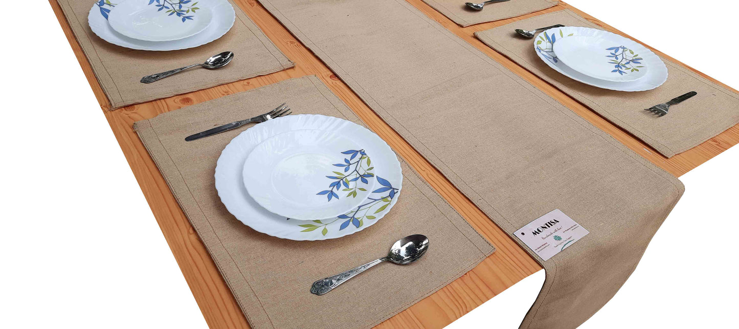 MONTISA Jute Table Mat Set (12×18 inches) with Runner Heat Resistant Eco-friendly Burpal Placemat (BTM-01